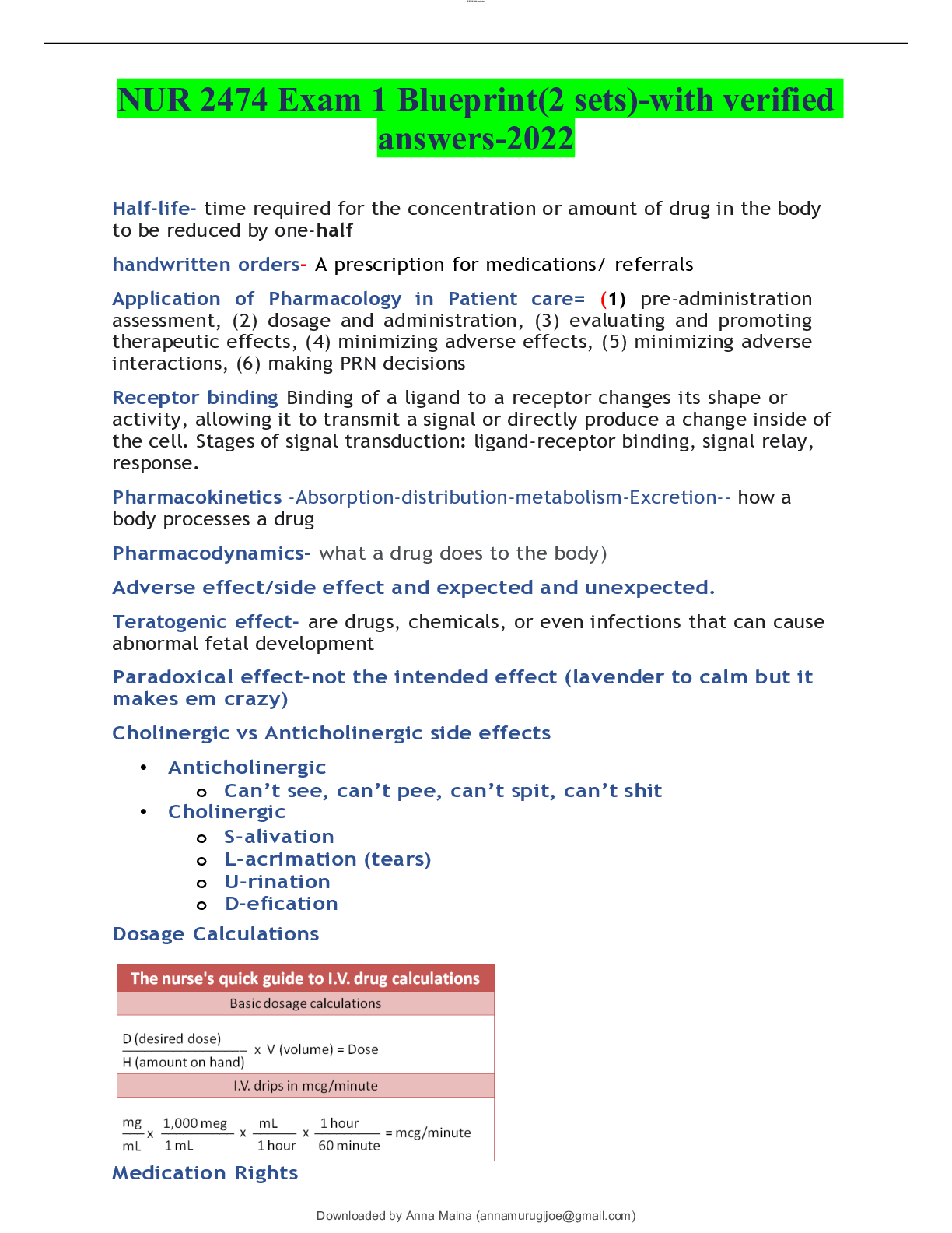 Preview of NUR 2474 Exam 1 Blueprint(2 sets)-with verified answers-2022